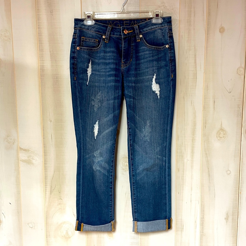 Jag Jeans Med/Dark Wash Distressed Rolled Relaxed Boyfriend Jeans Sz 0P